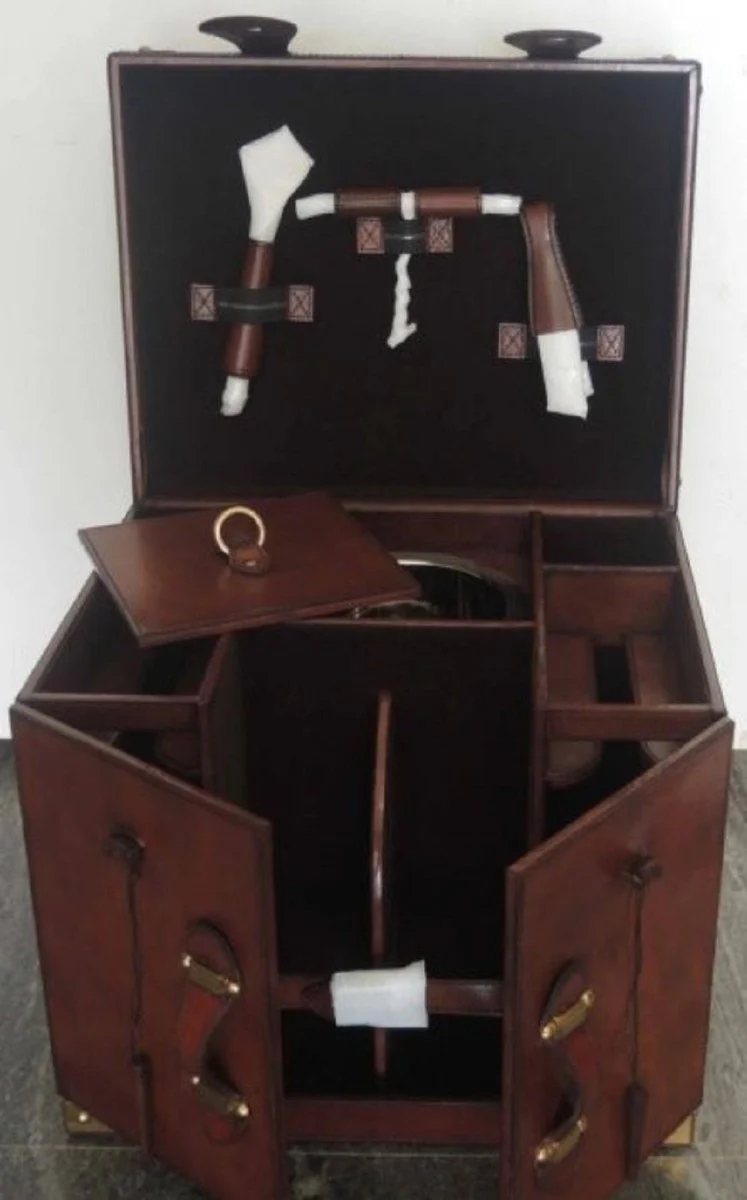 Casa Padrino mini bar / barra de la maleta de cuero genuino de lujo con accesorios co?ac marr¨®n 41 x 32,5 x H. 37 cm - Calidad de Lujo