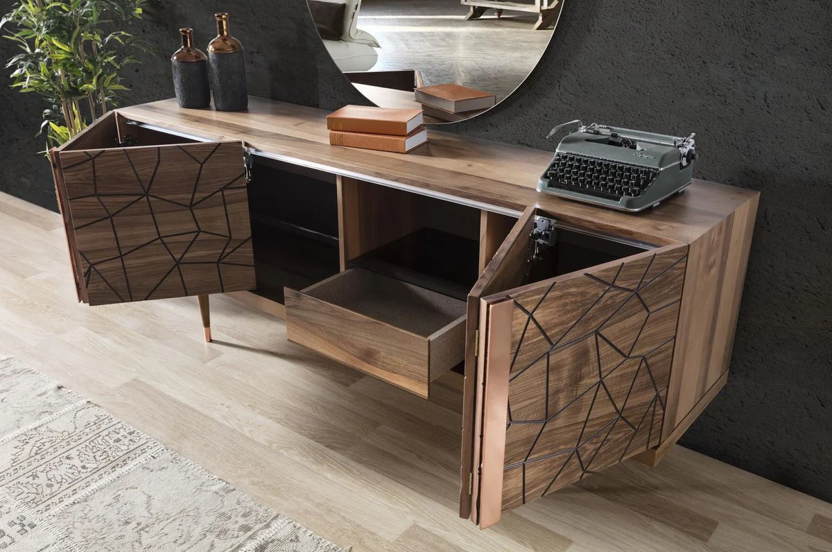 Casa Padrino conjunto de muebles de lujo marr¨®n / cobre - 1 Aparador con 4 Puertas y 1 Espejo - Muebles modernos de madera maciza - Colecci¨®n de Lujo