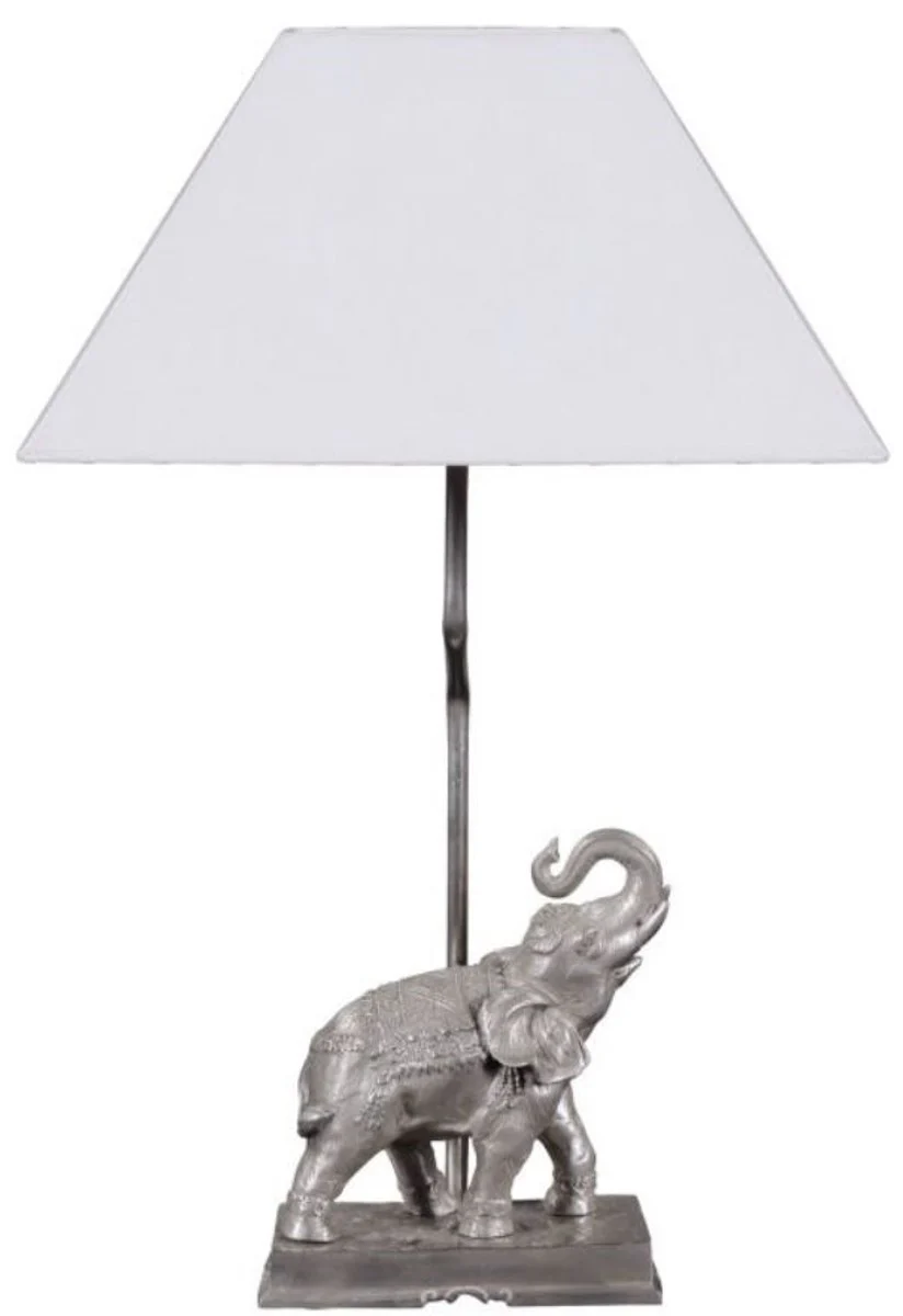 Casa Padrino lámpara de mesa elefante bronce plateado 35 x 29 x H. 50 cm - Lámpara de Mesa de Lujo con Pantalla Blanco