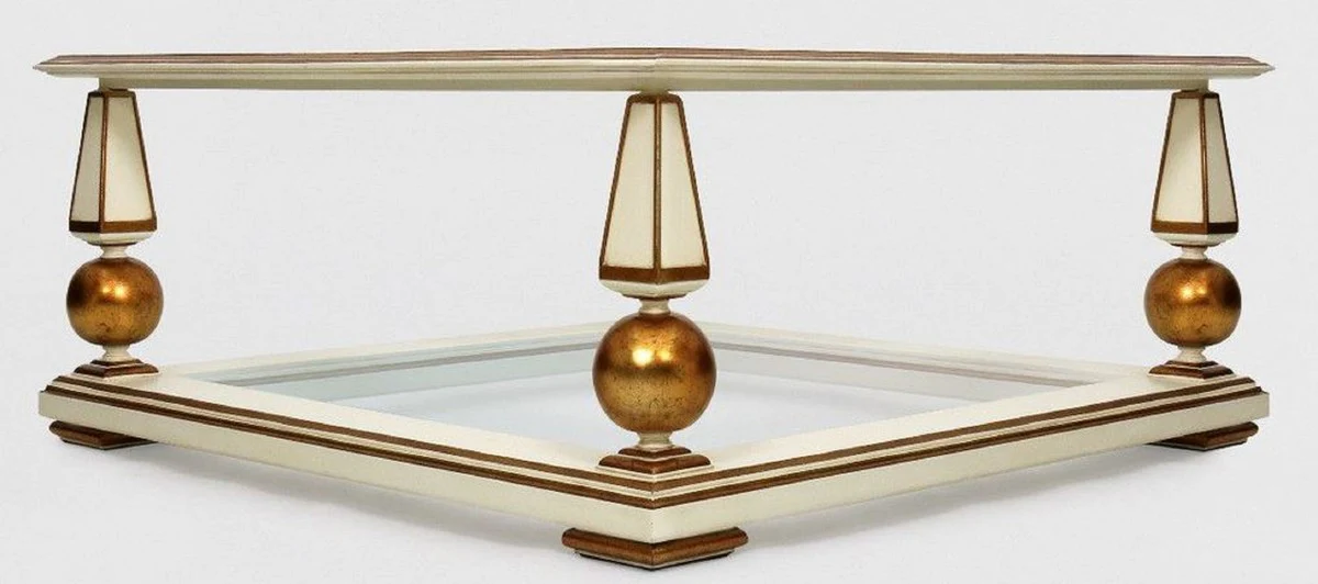 Casa Padrino mesa de centro barroco de lujo blanco / oro antiguo 113 x 113 x A. 47 cm - Magn¨ªfica mesa de sal¨®n de madera maciza con platos de vidrio - Muebles de sal¨®n barrocos