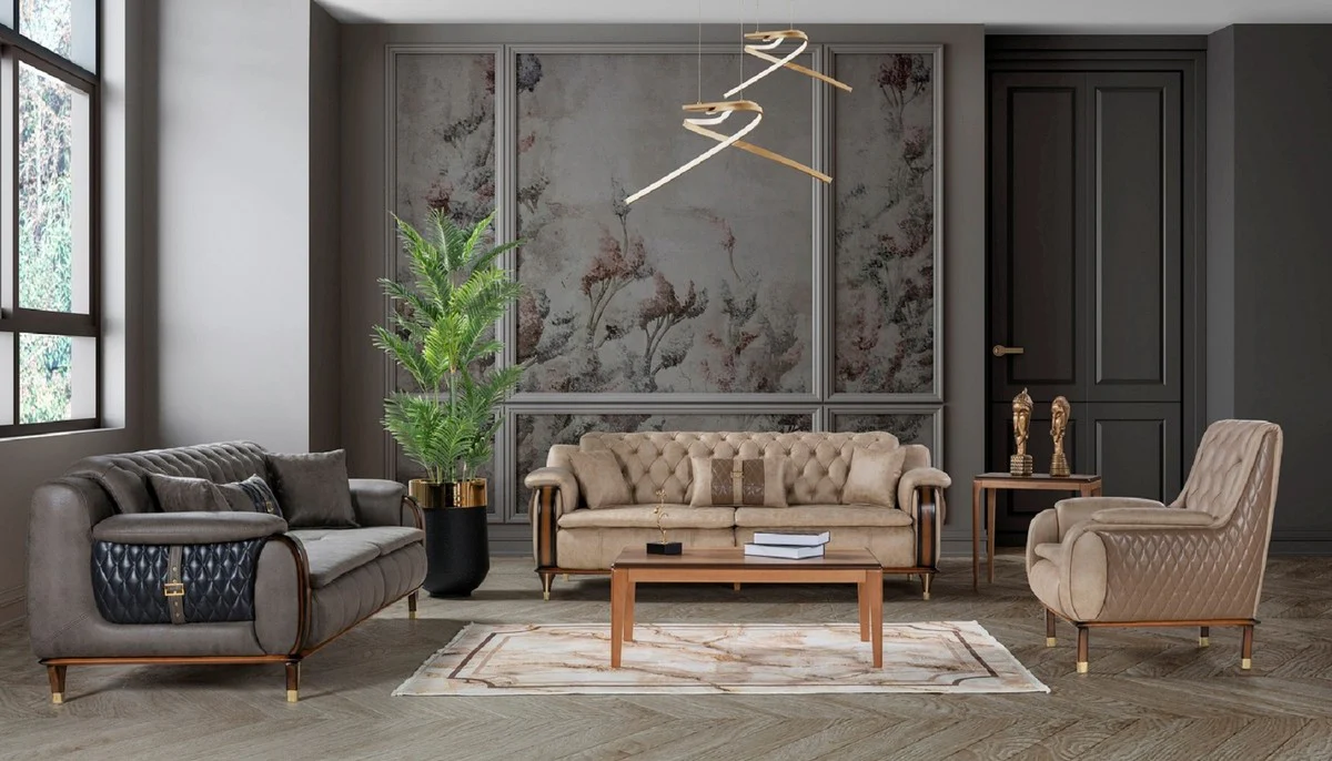 Casa Padrino sill¨®n Chesterfield de lujo beige / marr¨®n / negro / oro 75 x 88 x A. 95 cm - Sill¨®n de sal¨®n moderno - Muebles de sal¨®n