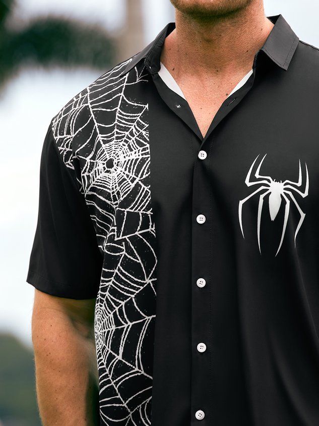 Mens Halloween Spider Print Front Buttons Soft Breathable Casual Hawaiian Shirt