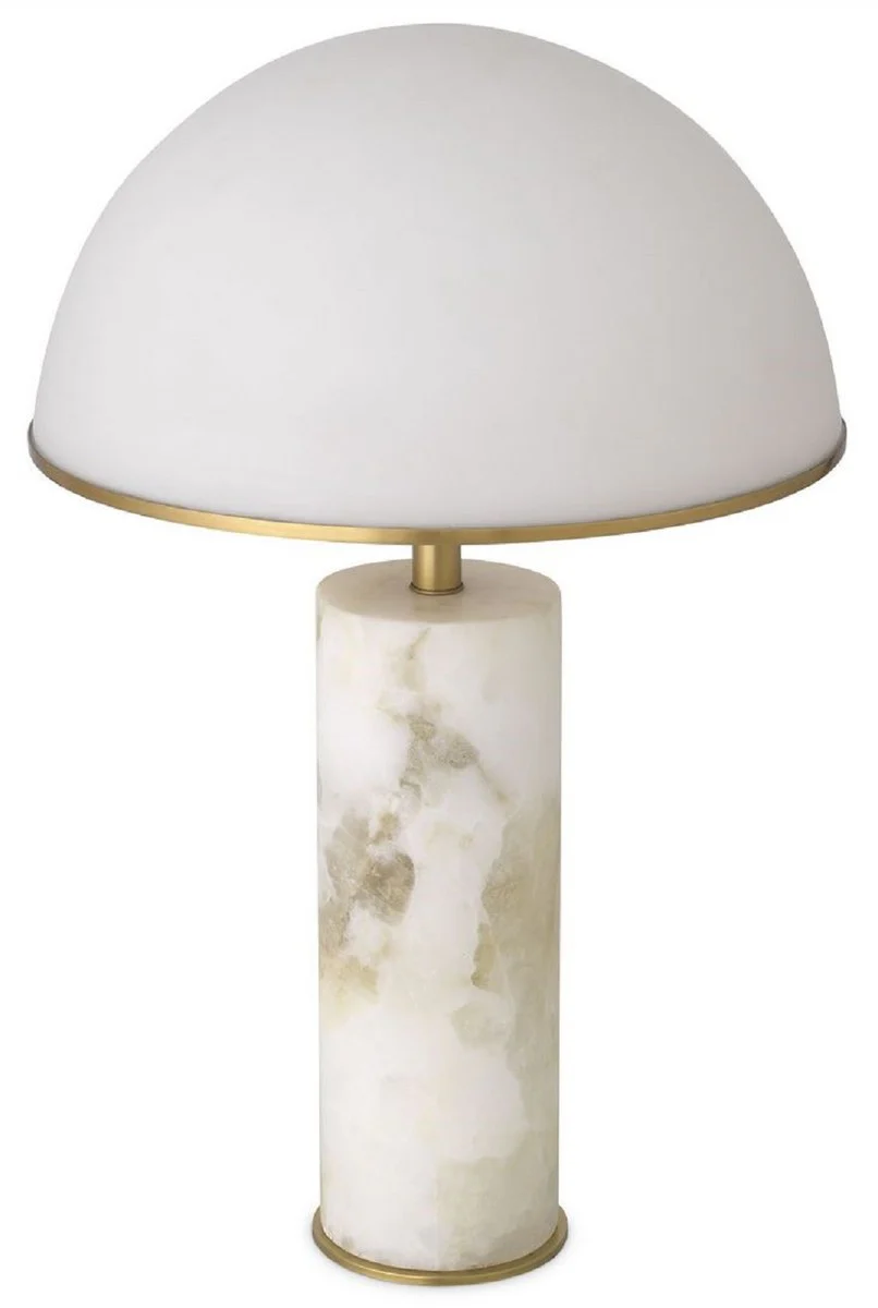 Casa Padrino lámpara de mesa de lujo alabastro / latón antiguo / blanco Ø 39,5 x A. 65 cm - Lámpara de escritorio moderna de alabastro con pantalla de vidrio - Colección de Lujo