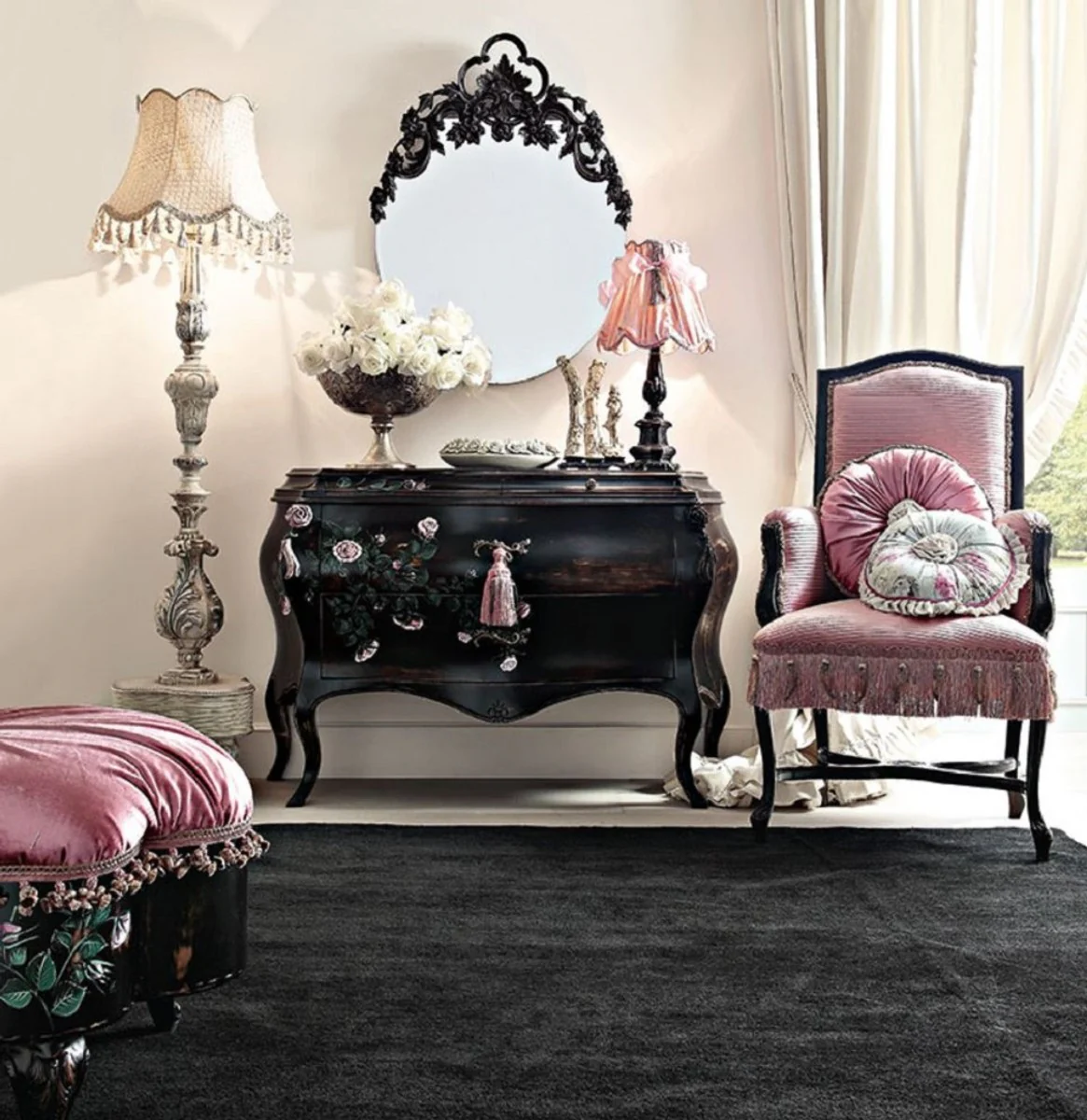 Casa Padrino c¨®moda barroco de lujo con espejo negro / multicolor / rosa - Tocador de espejo barroco - Muebles barrocos magn¨ªficos - Muebles de hotel - Calidad de primera clase - Hecho en Italia