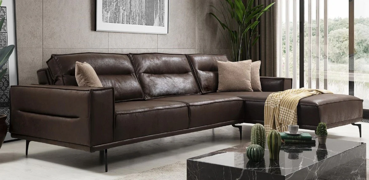 Casa Padrino sof¨¢ esquinero de lujo marr¨®n / negro 305 x 185 cm - Sof¨¢ de sal¨®n moderno con piel sint¨¦tica nubuck - Sof¨¢ cama de lujo - Muebles de sal¨®n de lujo