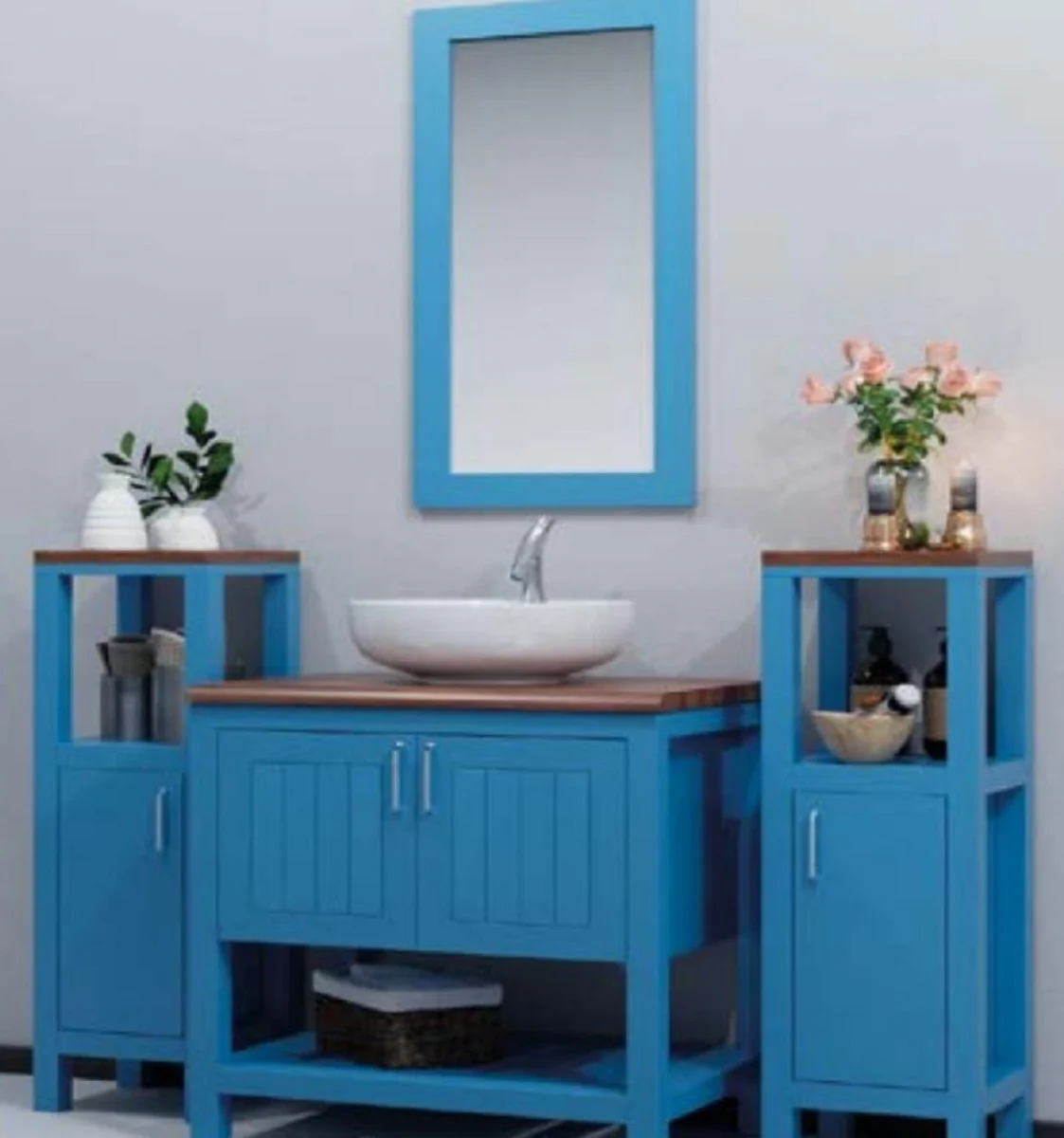 Casa Padrino Conjunto de Baño Estilo Campestre Azul / Marrón - 1 Mesa de Lavabo de Baño con Lavabo de Cerámica & 2 Mueble de Baño con Estantería & 1 Espejo de Pared - Mueble Baño Estilo Campestre