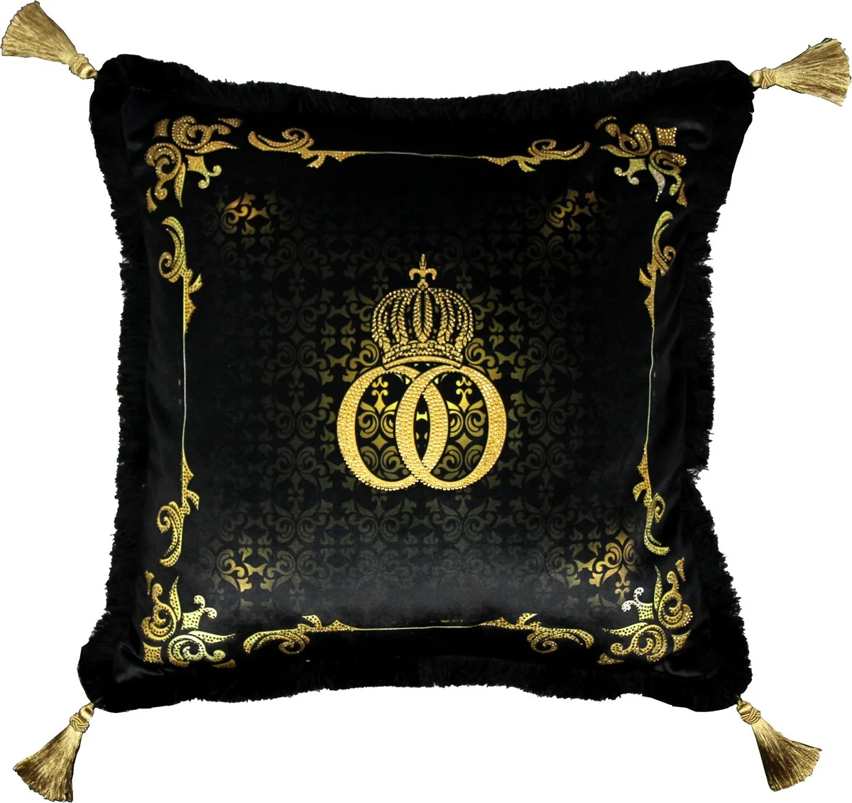 Harald Gl??ckler Luxury Deco Baroque Pillow Pomp??s by Casa Padrino Black / Gold Crown Deluxe with rhinestones and tassels
