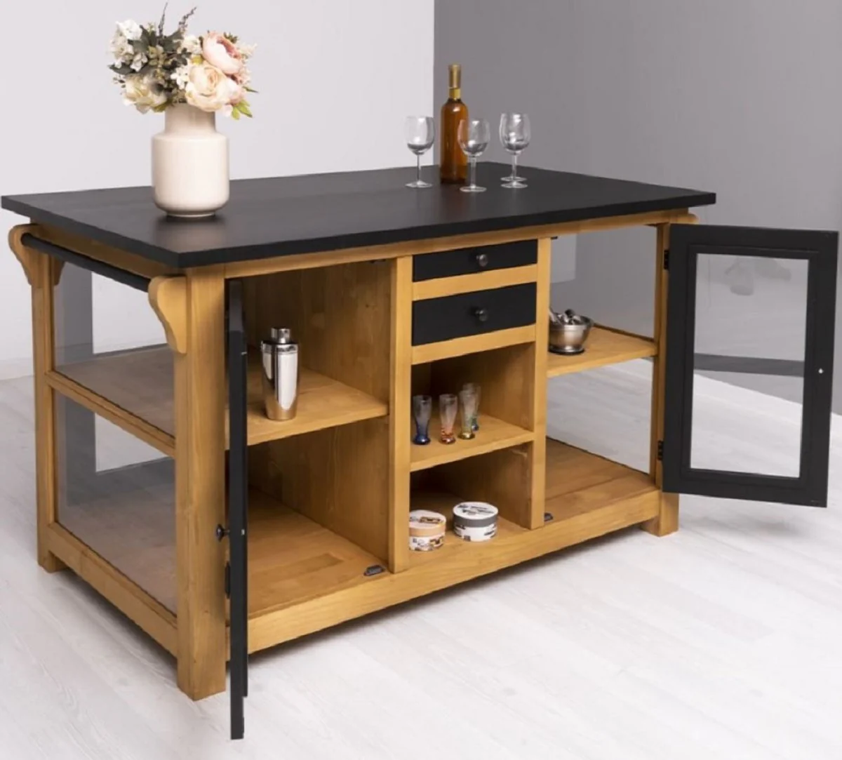 Casa Padrino isla de cocina de estilo campestre negro / natural 150 x 90 x A. 90 cm - Gabinete de cocina de madera maciza - Mueble de comedor de madera maciza estilo campestre