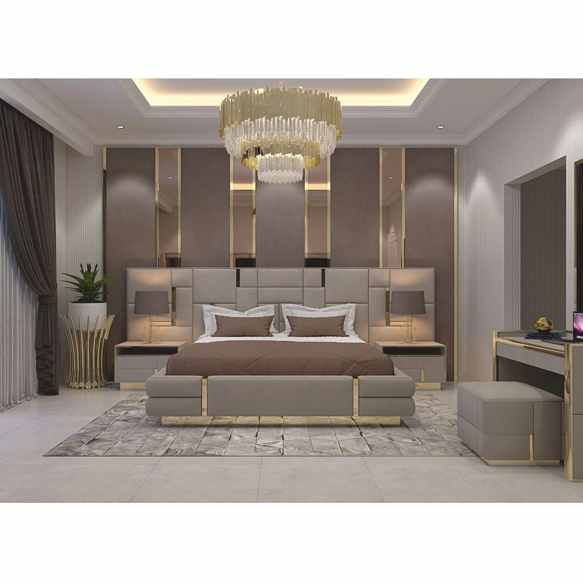 Casa Padrino cama doble de lujo gris / oro - Muebles para hoteles y dormitorios de lujo