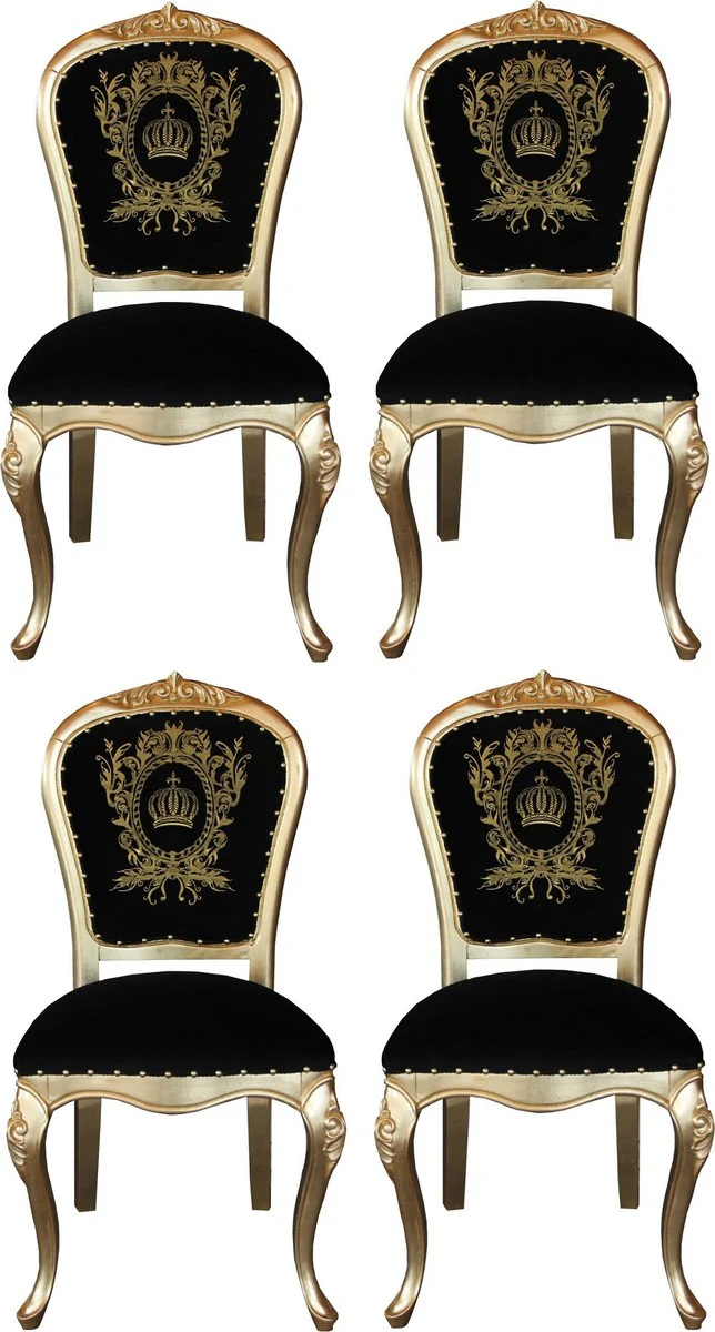 Pomp??s by Casa Padrino Sillas de Comedor Barroco de Lujo con Corona Negro / Oro - Sillas de Estilo Barroco de Pomp??s Dise?adas por Harald Gl??ckler - 4 Sillas de Comedor