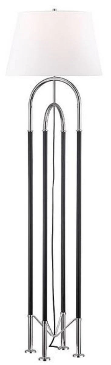 Casa Padrino lámpara de pie de lujo plata / negro / blanco Ø 50,8 x H. 172,7 cm - Lámpara de Metal Noble con Cuero de Alta Calidad y Pantalla de Lino - Calidad de Lujo