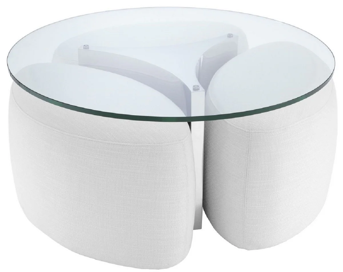 Casa Padrino mesa de centro de lujo blanco / plata ? 104 x A. 46,5 cm - Mesa de sal¨®n redonda de acero inoxidable con tapa de vidrio y 3 taburetes elegantes - Muebles de sala - Muebles de lujo