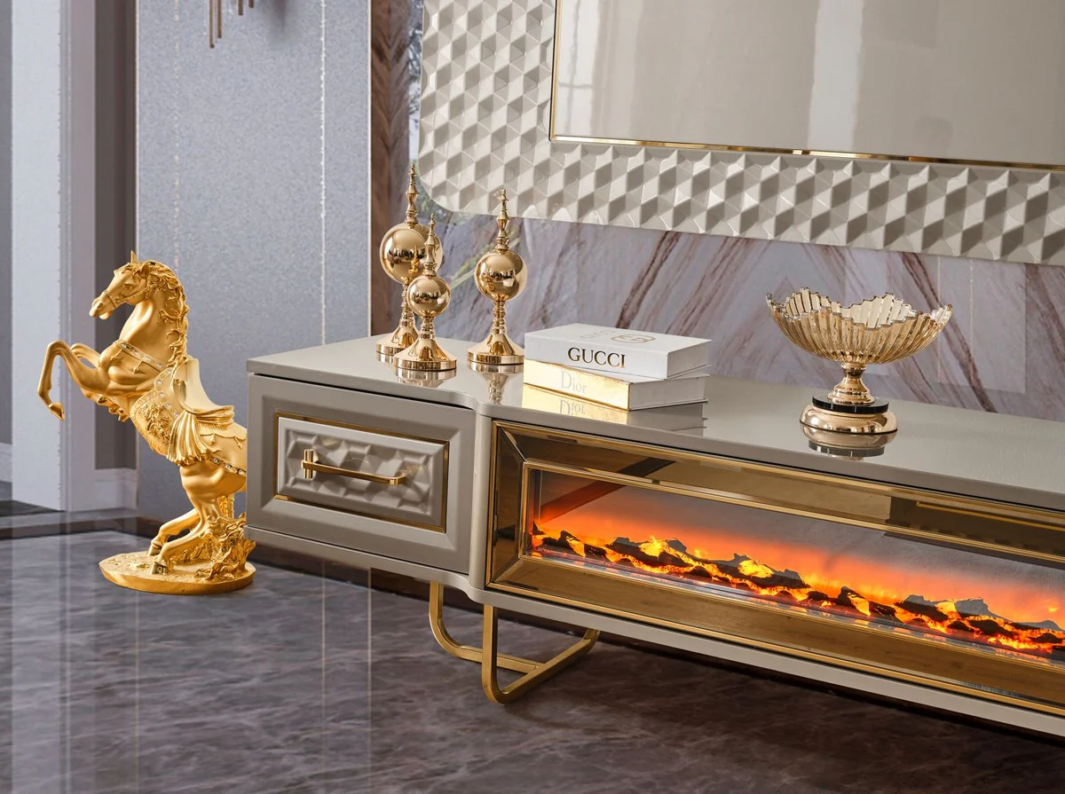 Casa Padrino conjunto de mueble de TV Art Deco de lujo gris / oro - Aparador de sala de estar con chimenea el¨¦ctrica LED y pared trasera de TV - Muebles Art Deco - Muebles de sala - Muebles de lujo