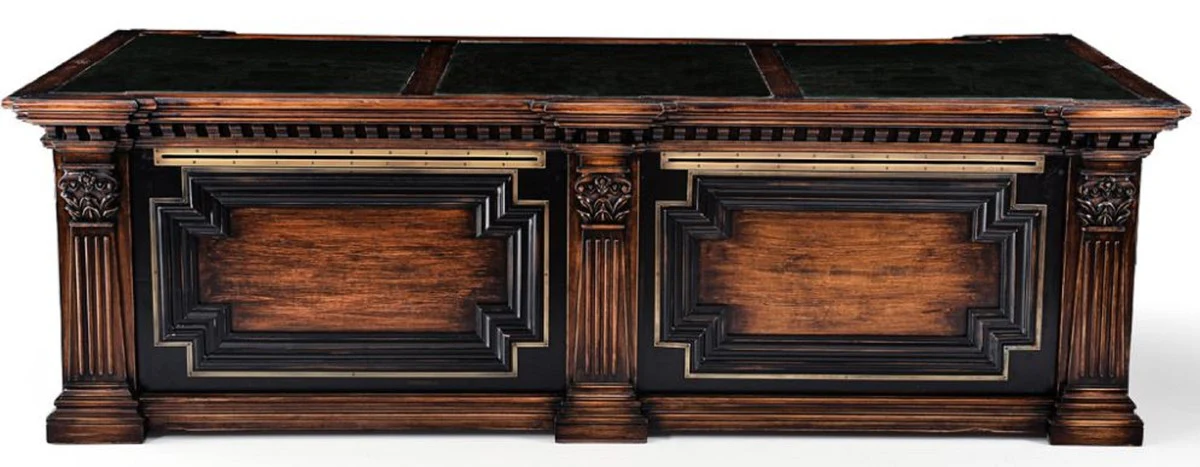 Casa Padrino escritorio de estilo campestre de lujo marrón / negro / verde 243,5 x 99 x A. 79 cm - Mesa de oficina de madera maciza - Muebles oficina estilo campestre - Muebles de oficina de lujo