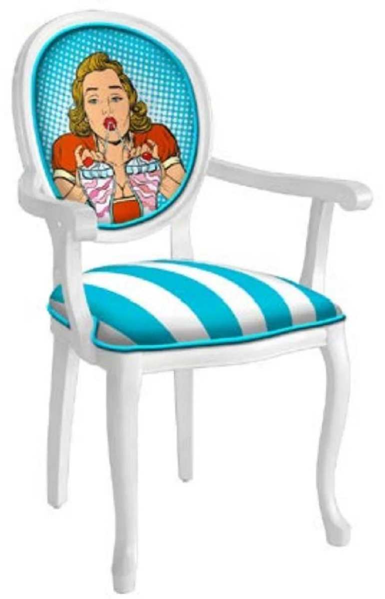 Casa Padrino silla de comedor barroco turquesa / multicolor / blanco - Silla de estilo antiguo hecha a mano con reposabrazos - Muebles de comedor de estilo barroco