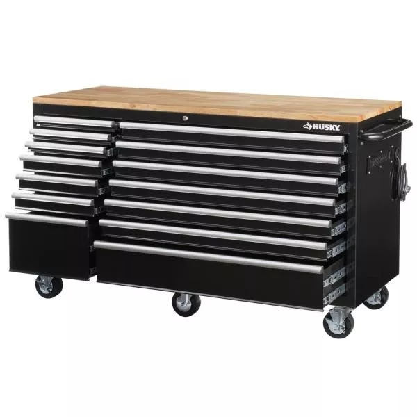 62 IN. 14-DRAWER MOBILE WORKBENCH WITH SOLID WOOD TOP, BLACK