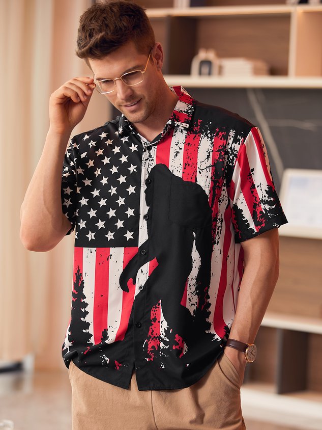 Flag Bigfoot Chest Pocket Short Sleeves Casual Shirt