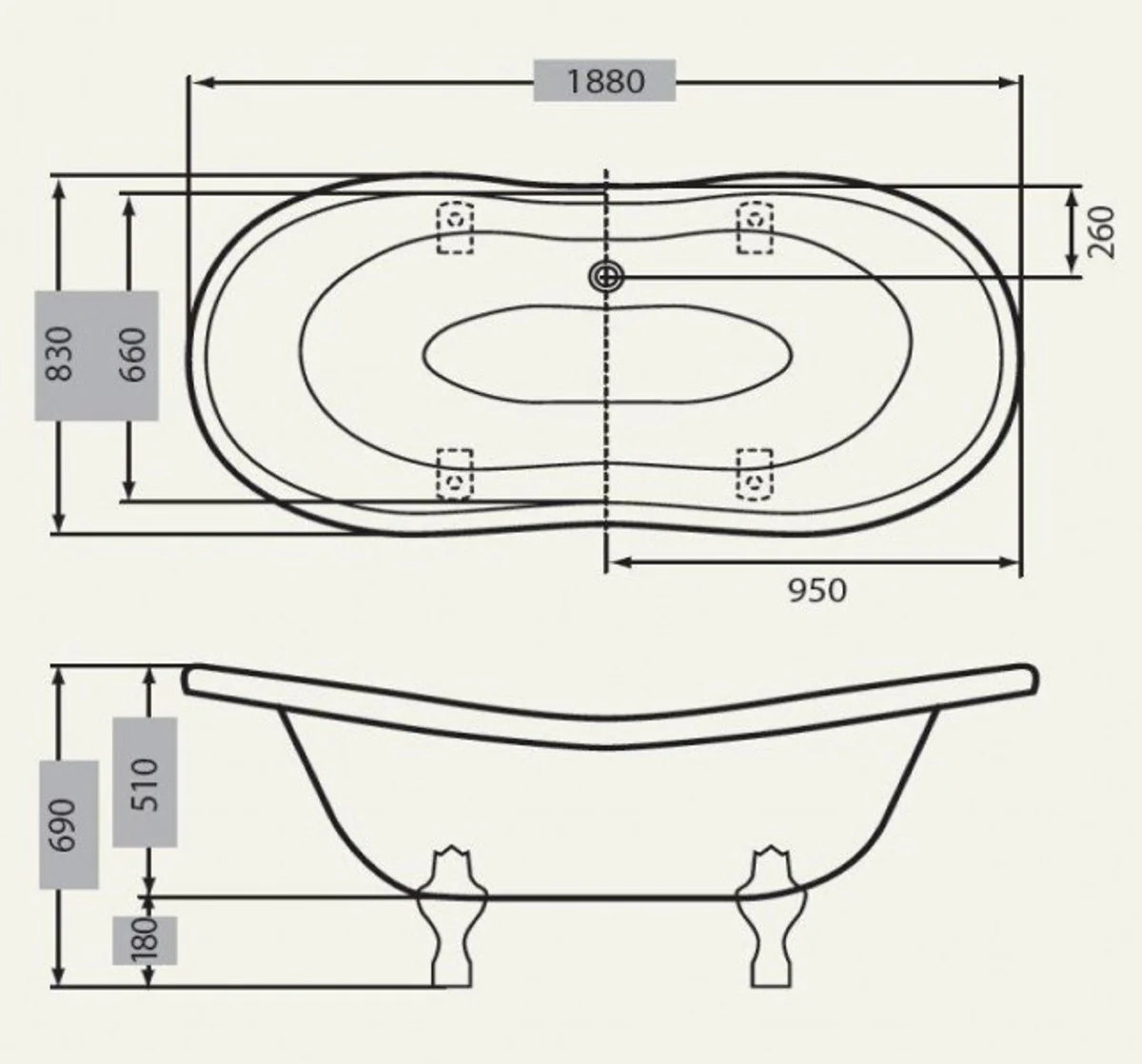 Independiente de lujo de baño de Nouveau Paris Blanco / Oro Viejo 1880mm - baño barroco
