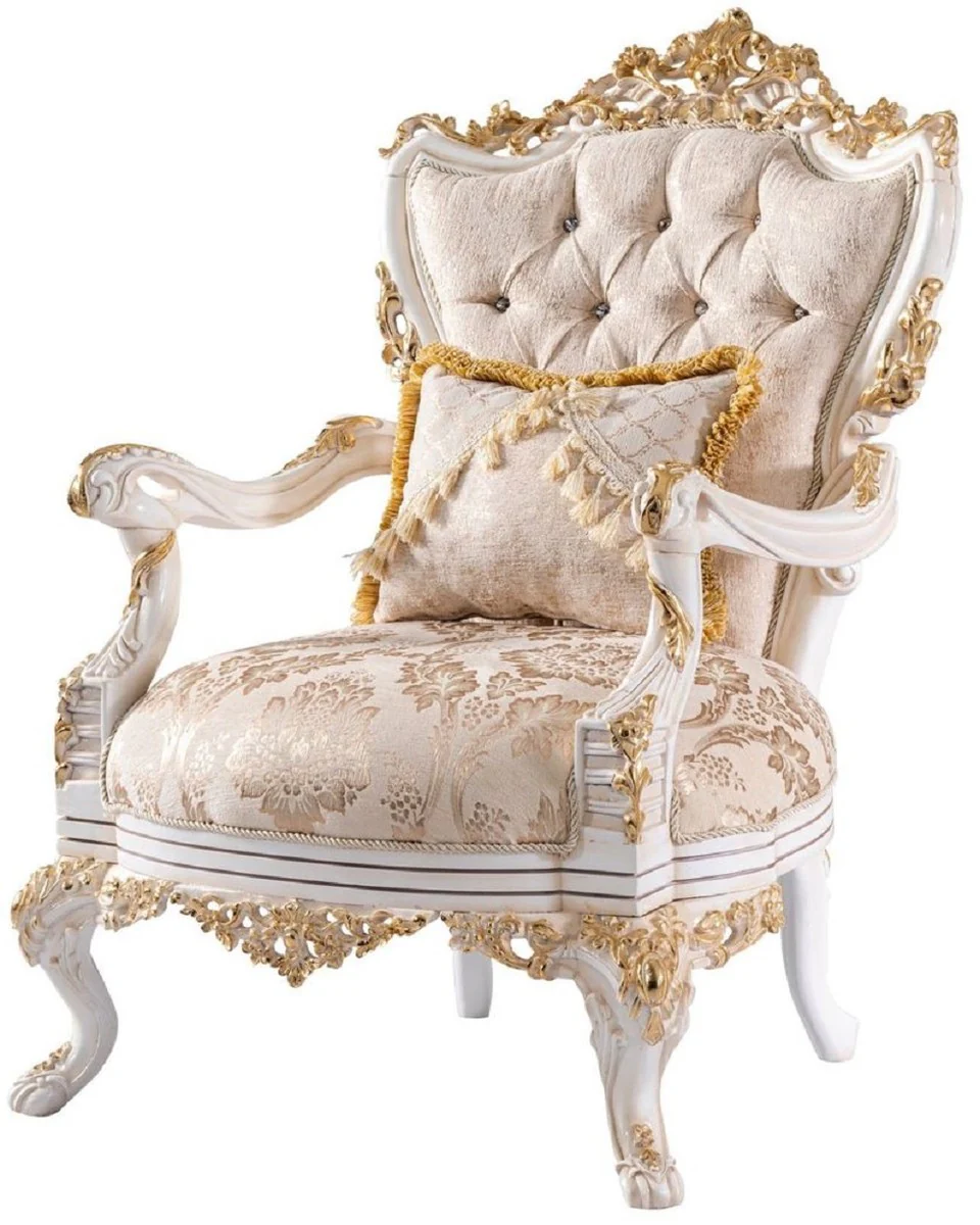 Casa Padrino sill¨®n barroco de lujo beige / blanco / oro - Magn¨ªfico sill¨®n de sal¨®n con pedrer¨ªa - Muebles de sal¨®n de estilo barroco - Muebles de lujo de estilo barroco - Noble y Magn¨ªfico