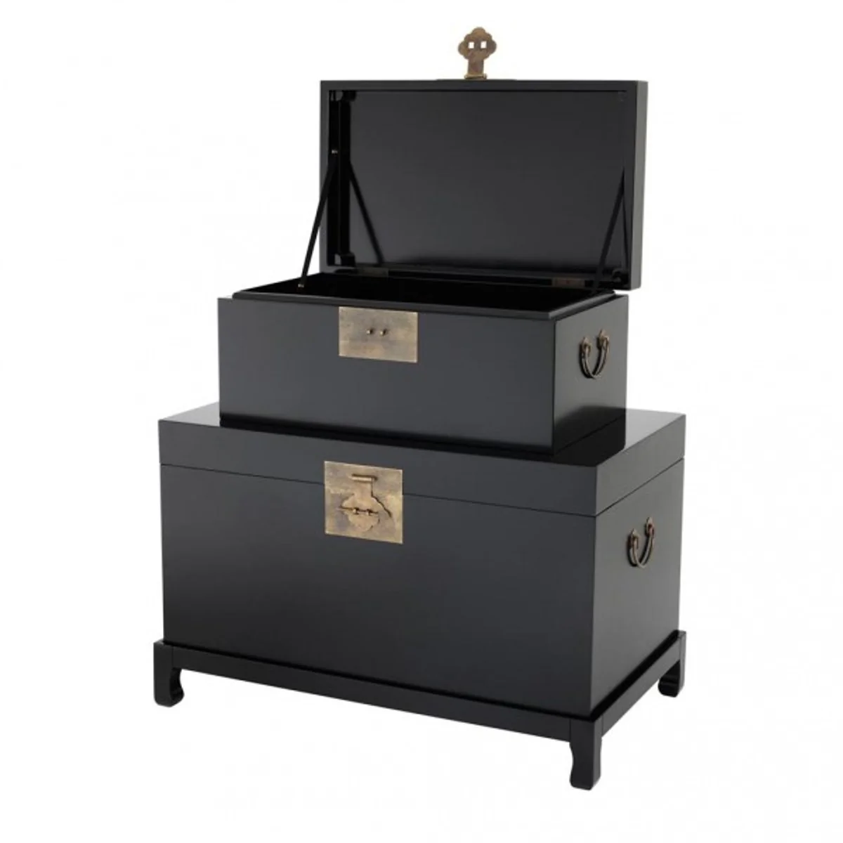 Casa Padrino Chest Set (2 Chests) Black / Brass Appliques - Vintage Look Hotel Furniture
