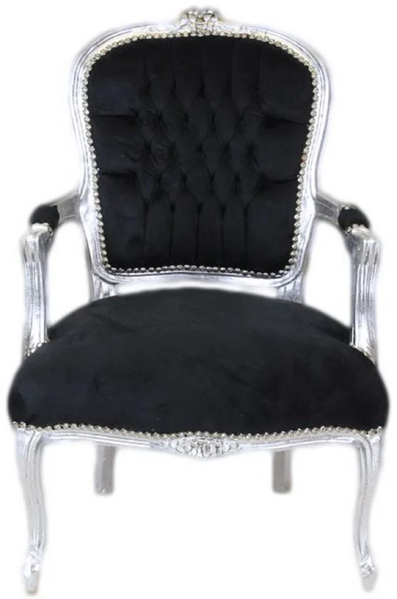 Casa Padrino silla de sal¨®n barroco negro / plata - Silla de estilo antiguo hecha a mano con terciopelo fino - Muebles de estilo barroco - Muebles barrocos - Interiores barrocos