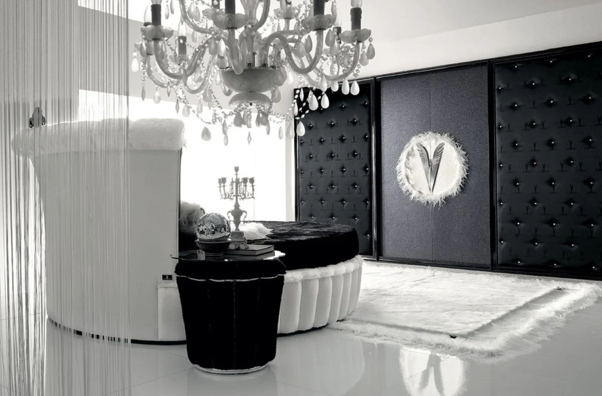 Casa Padrino cama redonda barroco de lujo blanco / negro - Cama barroco redonda con colchón - Magníficos muebles barrocos de dormitorio y hotel - Calidad de primera clase - Hecho en Italia