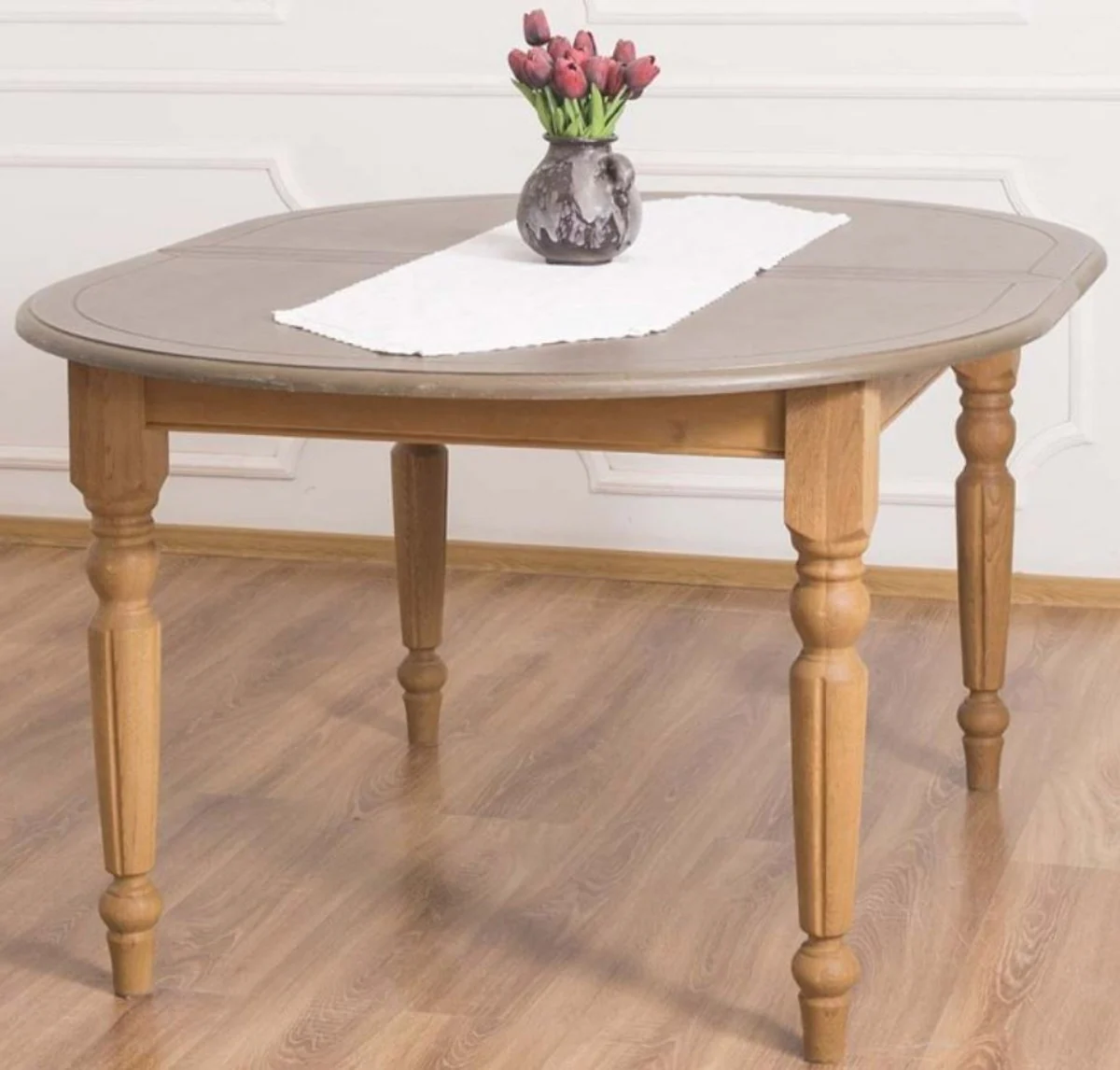 Casa Padrino mesa de comedor de estilo campestre gris / marr¨®n claro 160 x 120 x A. 78 cm - Mesa de Cocina Ovalada de Madera Maciza con Encimera de Madera de Roble