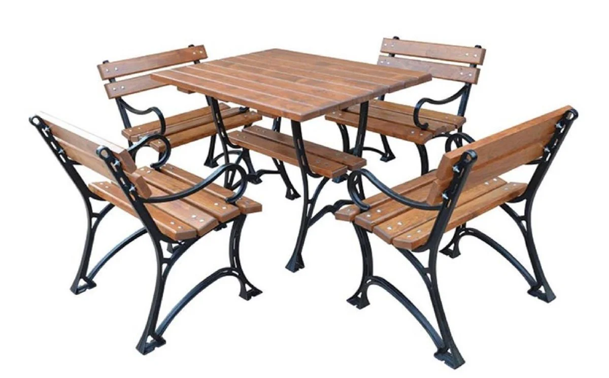 Casa Padrino Conjunto de Muebles de Jardín Art Nouveau Mesa y 4 Sillas con Reposabrazos Marrón / Negro 100 cm - Mesa y Sillas de Jardín