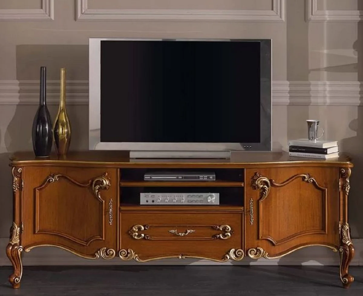 Casa Padrino gabinete de TV barroco de lujo marr¨®n / oro - Aparador hecho a mano de madera maciza con 2 puertas y caj¨®n - Muebles de sal¨®n barrocos - Calidad de Lujo - Hecho en Italia