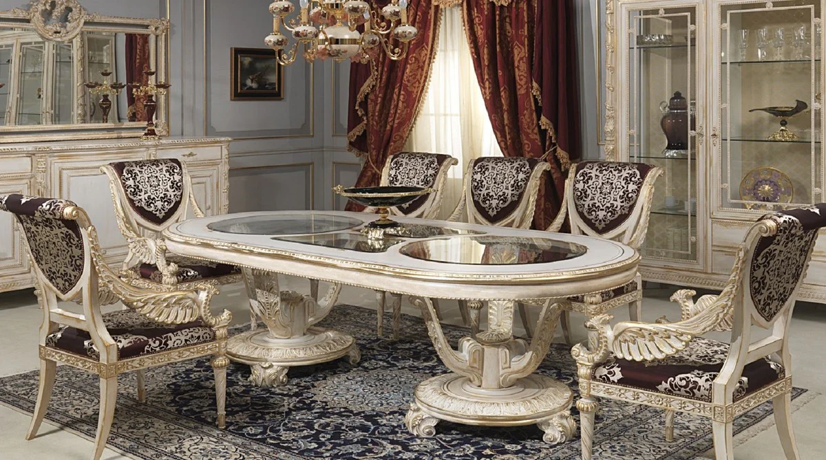 Casa Padrino vitrina barroco de lujo blanco / oro - Vitrina noble de madera maciza con 3 puertas de vidrio y 2 cajones - Muebles de Hotel - Muebles de Castillo - Calidad de Lujo - Hecho en Italia