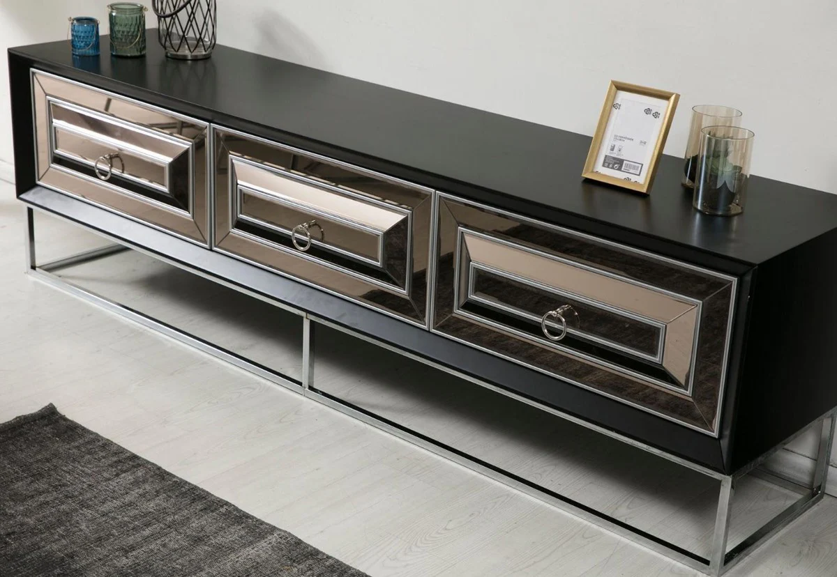 Casa Padrino gabinete TV de lujo con 3 cajones espejados negro / plata 220 x 49 x A. 64 cm - Muebles de sala - Calidad de Lujo