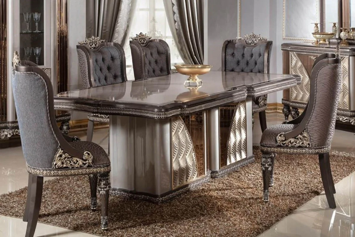 Casa Padrino conjunto de comedor barroco de lujo azul / gris / marr¨®n oscuro / oro - 1 Mesa de Comedor Barroco y 6 Sillas de Comedor Barrocos - Muebles de comedor de lujo en estilo barroco