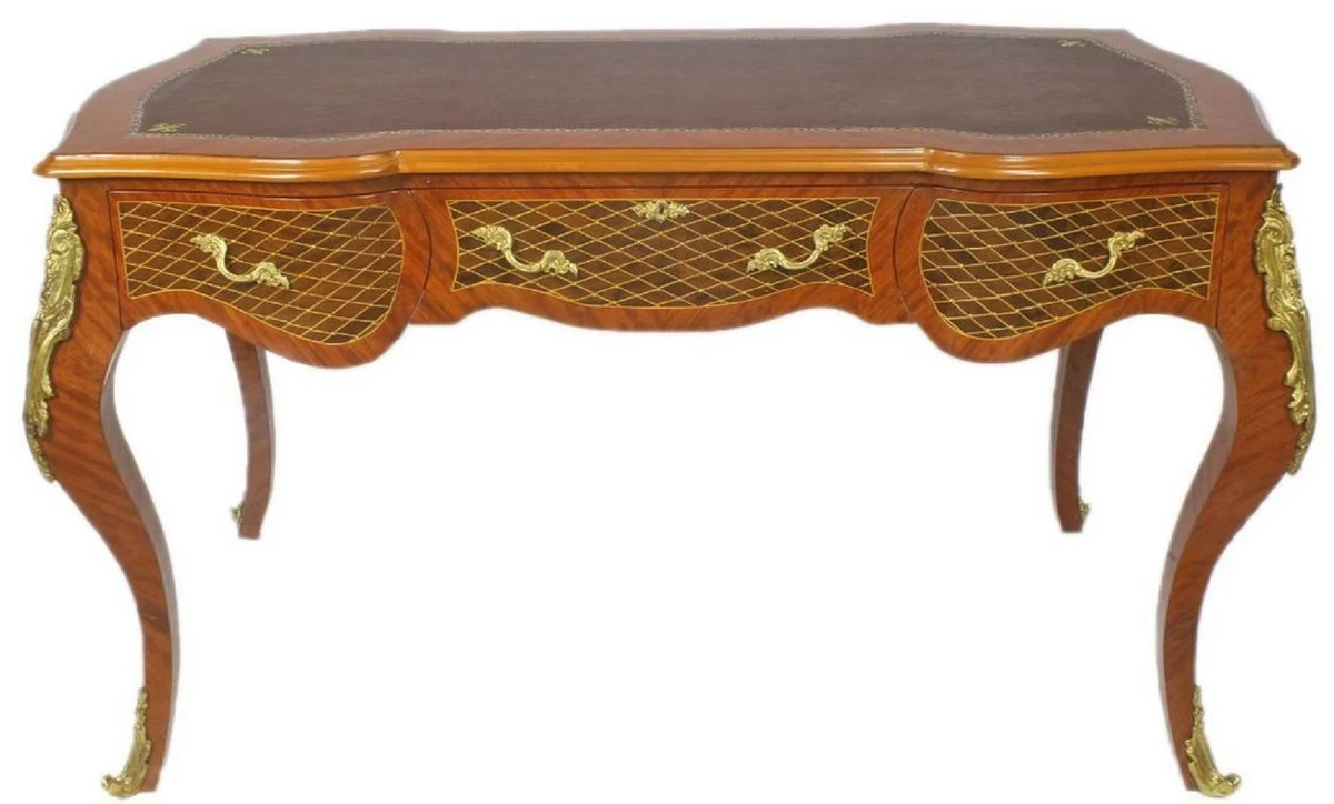 Casa Padrino escritorio barroco marr¨®n / lat¨®n 160 x 70 x A. 80 cm - Mesa de oficina hecha a mano de madera maciza con 3 cajones y aplicaciones de metal macizo - Muebles de Oficina Barrocos