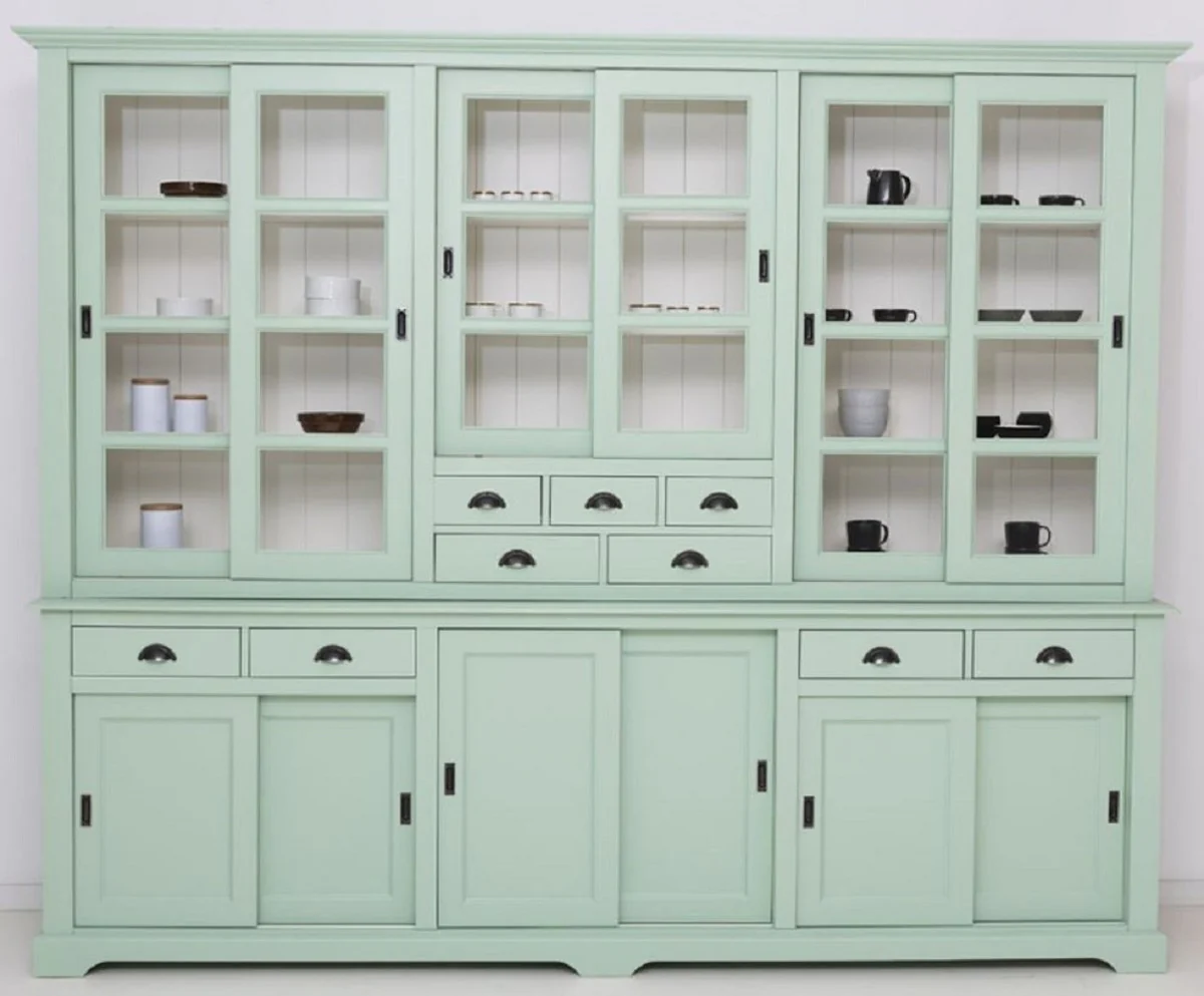 Casa Padrino armario de comedor de estilo campestre verde menta / blanco 280 x 55 x A. 225 cm - Armario de cocina de madera maciza - Muebles de comedor en estilo campestre