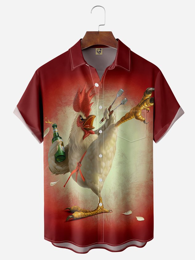 Kung fu Rooster Chest Pocket Short Sleeve Casual Shirt