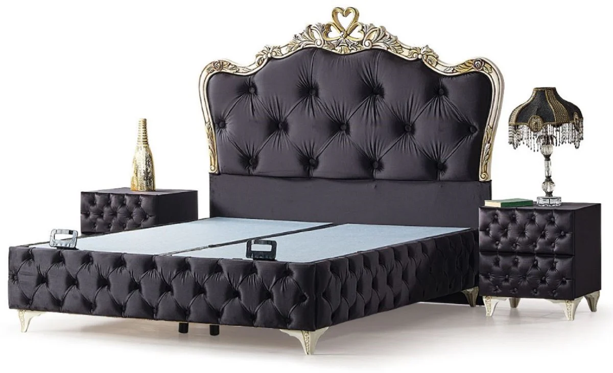 Casa Padrino conjunto de muebles de dormitorio barroco de lujo negro / crema / oro - Varios Tamaños - 1 Cama Doble Barroco con Colchón y 2 Mesitas de Noche Barroco - Muebles de Dormitorio Barrocos