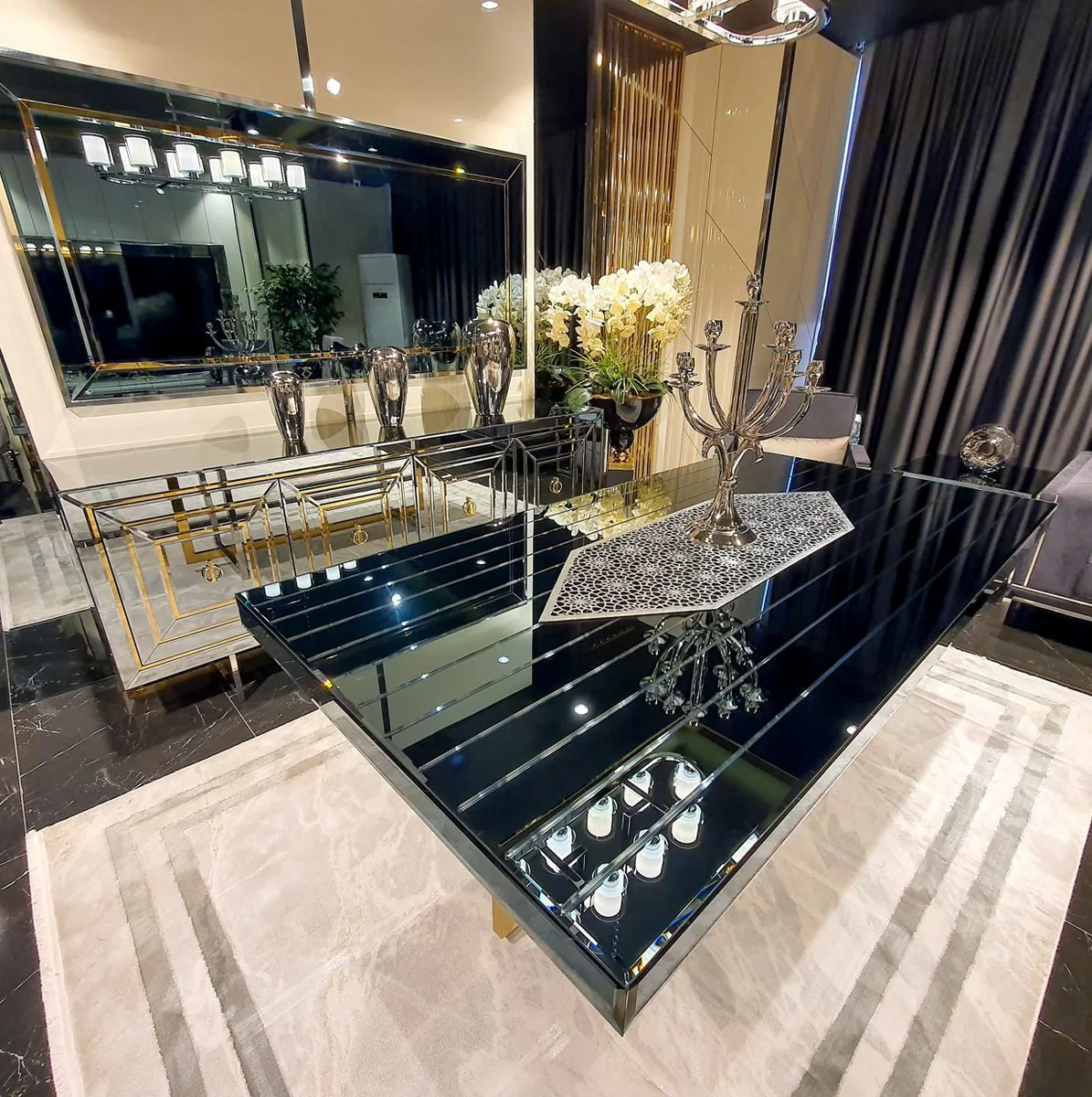 Casa Padrino mesa de comedor de lujo plata / oro 200 x 100 x A. 77 cm - Mesa de cocina con espejo - Muebles de comedor de lujo con espejo