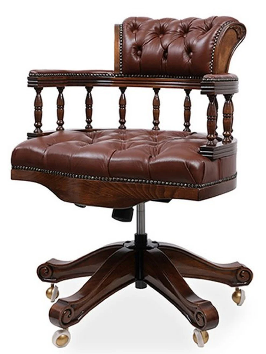 Casa Padrino silla de escritorio Chesterfield barroco de lujo de cuero marr¨®n oscuro / marr¨®n oscuro - Silla de oficina de cuero genuino ajustable en altura - Muebles de oficina - Noble y magn¨ªfico