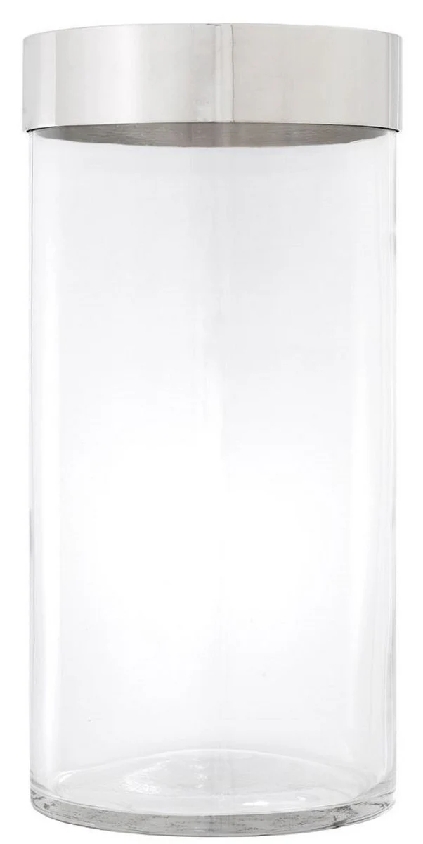 Casa Padrino portavela de lujo plata Ø 20,5 x H. 41,5 cm - Portavela Redondo de Vidrio con Anillo de Aluminio - Calidad de Lujo