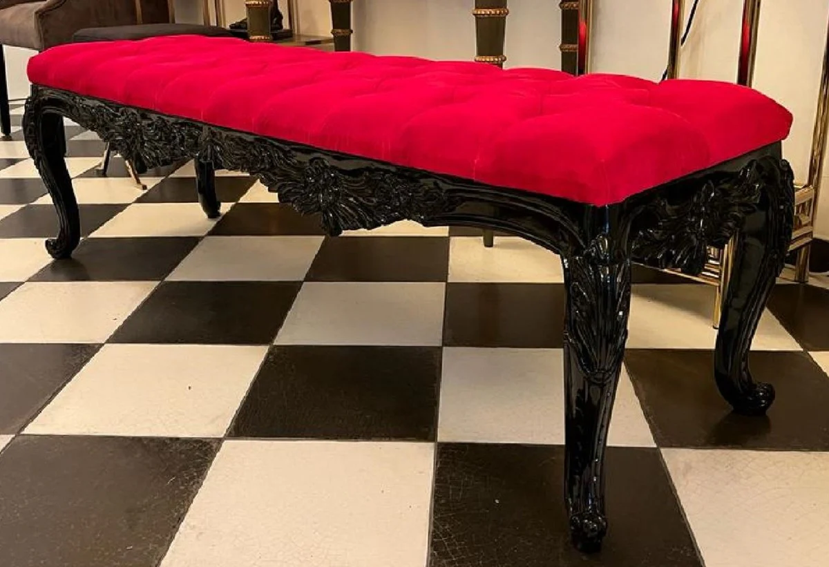 Casa Padrino banco barroco rojo / negro - Banco tapizado de madera maciza con fino terciopelo y pedrería - Muebles barrocos hechos a mano - Noble y Magnífico