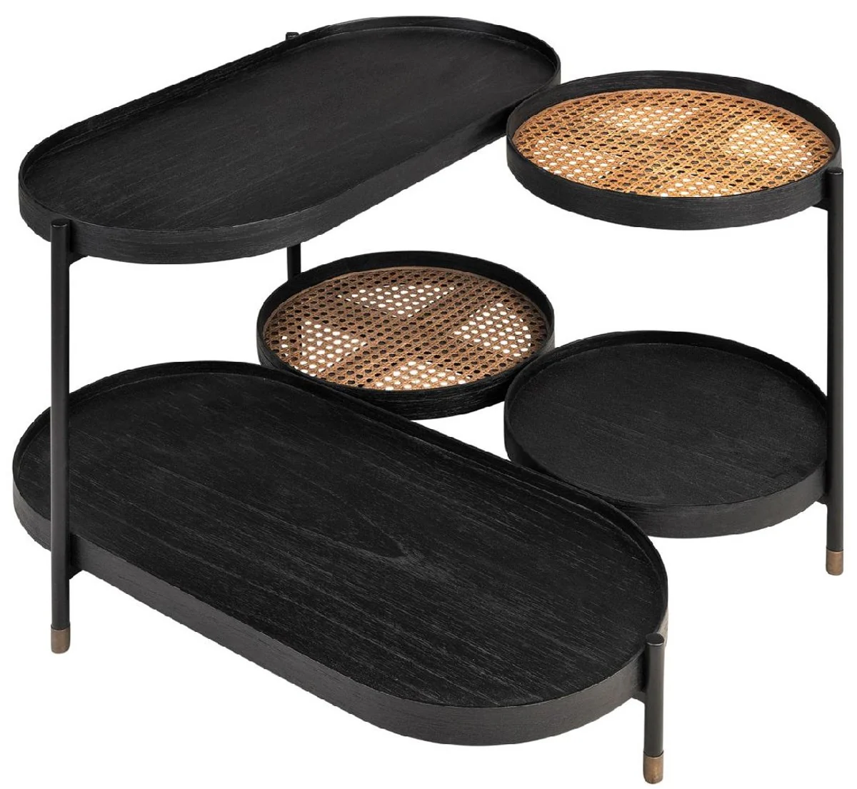 Casa Padrino mesa de centro de lujo negro / natural / lat¨®n 82,8 x 83,5 x A. 53 cm - Mesa de sal¨®n de madera de mindi y rat¨¢n con estructura de acero - Muebles de lujo - Instalaci¨®n de lujo