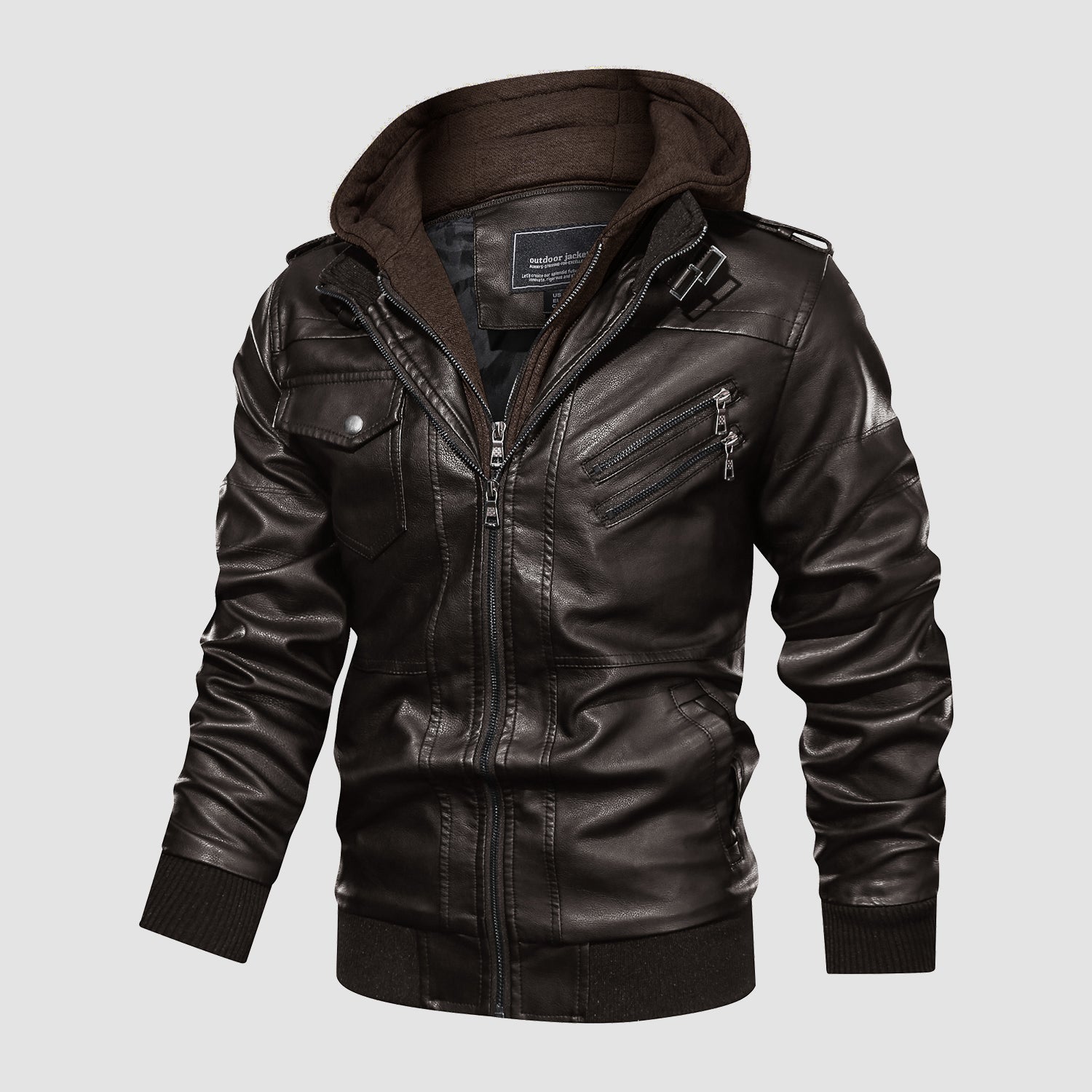 Men's Stand Collar PU Faux Leather Jacket 6 Pockets Motorcycle Bomber Fall Winter Jacket with a Removable Hood