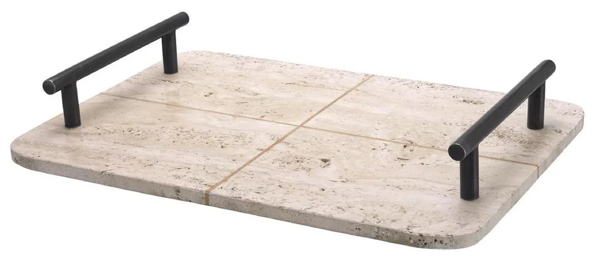 Casa Padrino bandeja de servir de lujo beige / bronce 48 x 34 x A. 8 cm - Bandeja rectangular de piedra natural travertino con asas - Accesorios Gastronomía y Restauración - Accesorios de Lujo