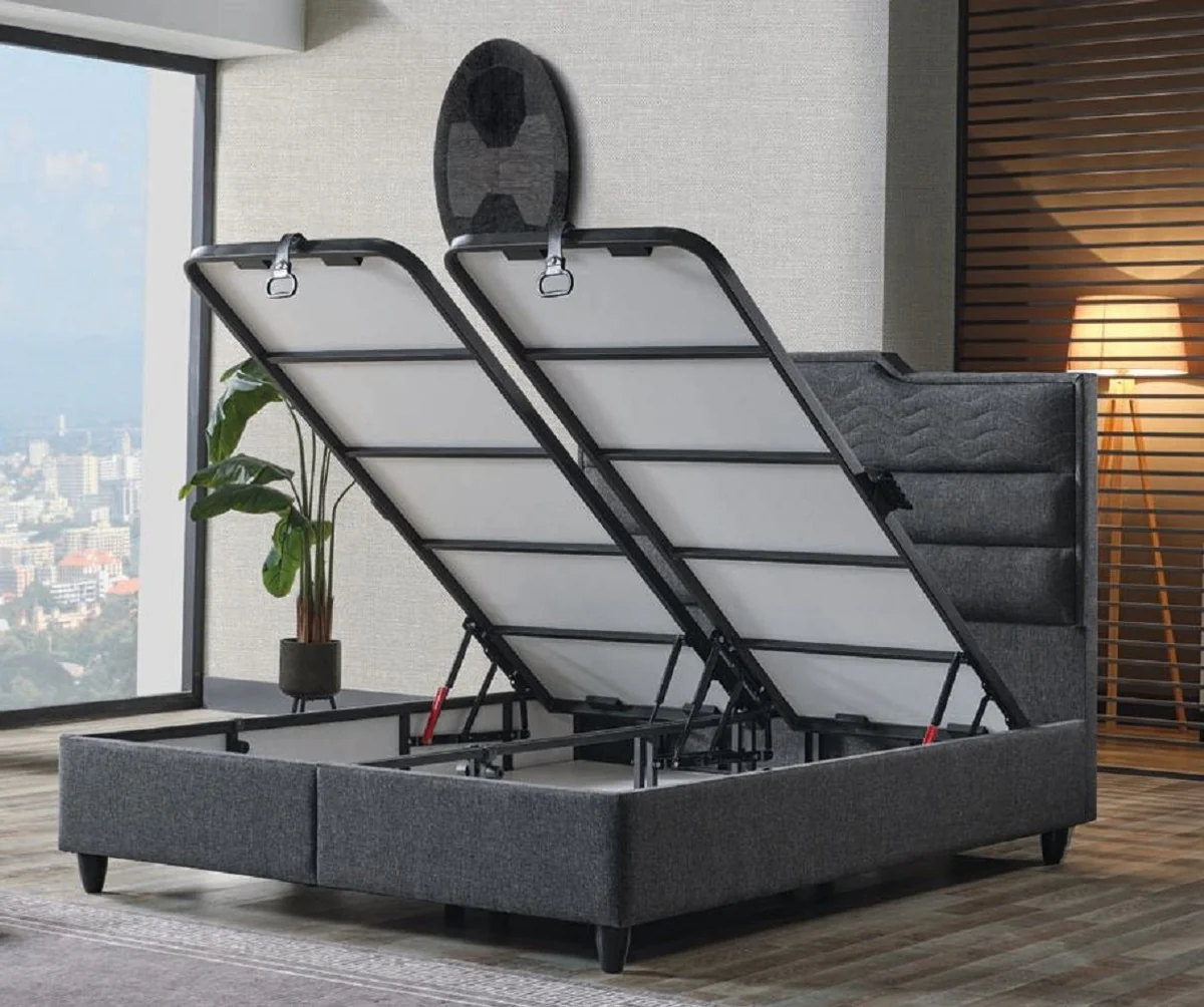 Casa Padrino cama doble de lujo gris / blanco / negro 180 x 200 cm - Cama de madera maciza con cabecero y colchón - Muebles dormitorio - Muebles hotel - Muebles de lujo - Interior de lujo