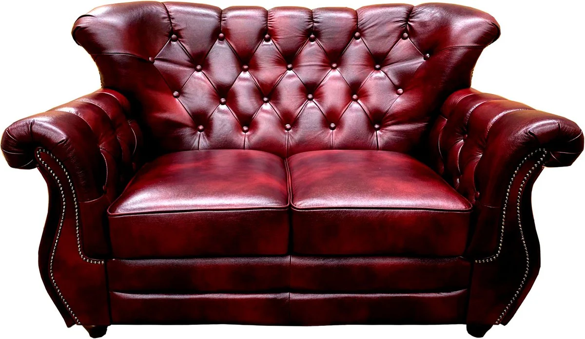 Casa Padrino sof¨¢ de 2 plazas de cuero Chesterfield de lujo rojo burdeos - Sof¨¢ de sal¨®n de cuero aut¨¦ntico - Muebles de Sal¨®n Chesterfield