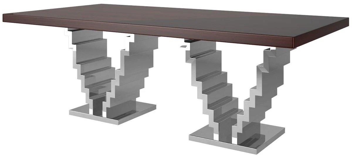 Casa Padrino mesa de comedor Art Deco de lujo marr¨®n oscuro / plata 215 x 115 x A. 75 cm - Mesa de comedor noble - Mesa de cocina - Muebles de Comedor Art Deco