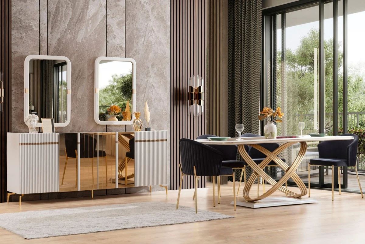 Casa Padrino mesa de comedor de lujo con tapa de vidrio blanco / oro 207 x 97 x A. 79 cm - Muebles de comedor - Muebles de lujo - Colecci¨®n de lujo