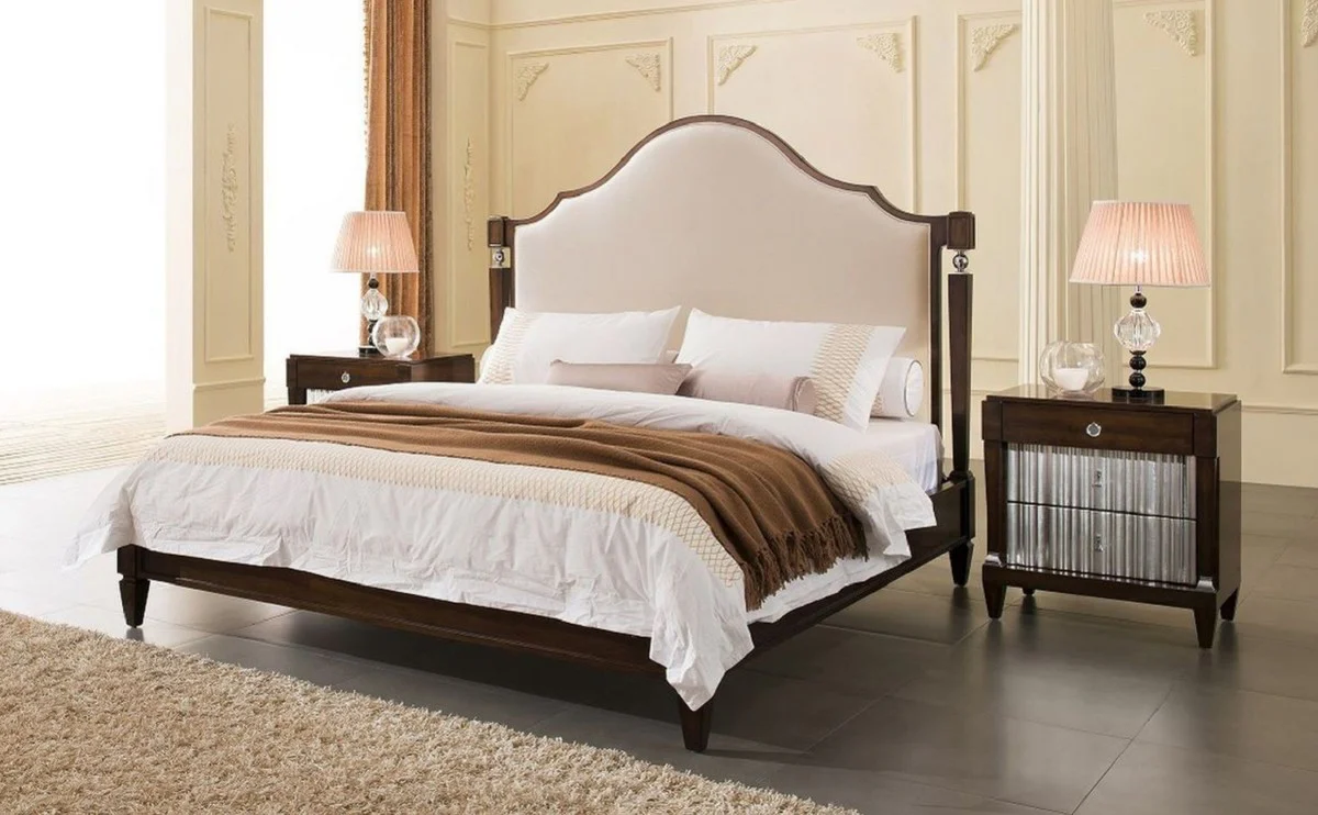 Casa Padrino conjunto de dormitorio neoclásico de lujo beige claro / marrón oscuro / plata - 1 Cama Doble con Cabecero y 2 Mesitas de Noche - Muebles de Dormitorio Neoclásicos