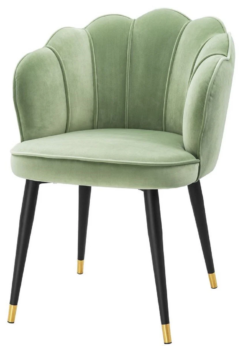 Casa Padrino silla de comedor de terciopelo de lujo con reposabrazos verde pistacho / negro / oro 60 x 63 x H. 83 cm - Silla de Cocina con Dise?o de Concha