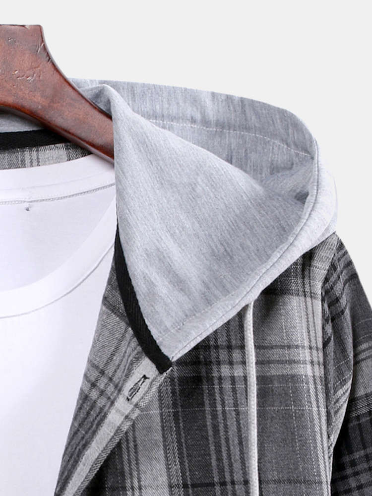 Curved Hem Contrast Hooded Plaid Shirts